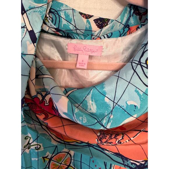 Lilly Pulitzer Size SM Short Sleeve Dress Map Compass Print Cowl Neck 100% Silk - Picture 6 of 7